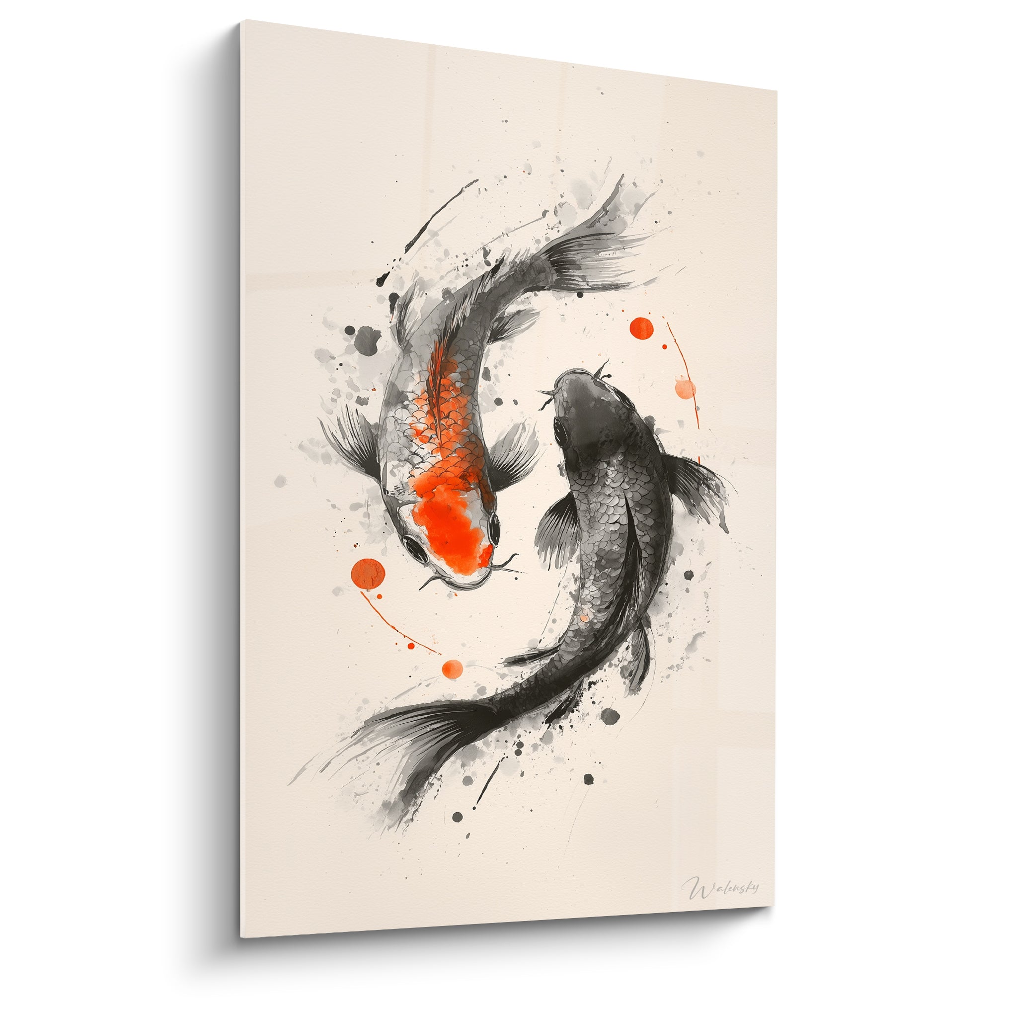 Carpes koï orange et anthracite tourbillonnant en cercle sur fond ivoire, style encre japonaise