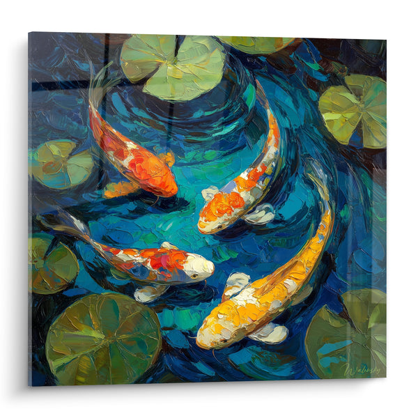 Tableau Bassin bleu et orange aux nénuphars - Ballet aquatique - Edition Koi
