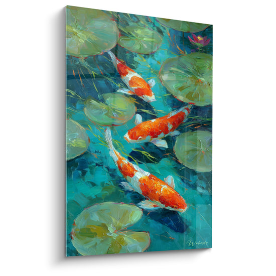 Tableau Carpes orange et blanches sous nénuphars verts flottants - Fleur de lotus rose - Edition Koi