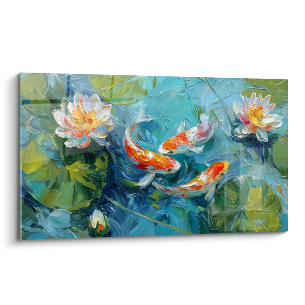 Tableau Nénuphars orange et blancs sous trois carpes - Empâtements au couteau - Edition Koi