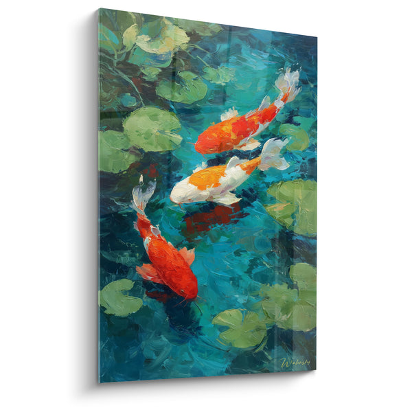 Tableau Carpes orange et blanches parmi feuilles vertes - Trio en diagonale bleue - Edition Koi