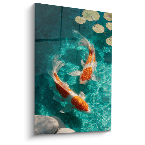 Tableau Carpes orange et blanches près des galets - Feuilles de nénuphar pâles - Edition Koi