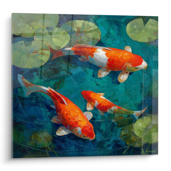 Tableau Carpes orange et blanches sous nénuphars verts - Trio en mouvement - Edition Koi