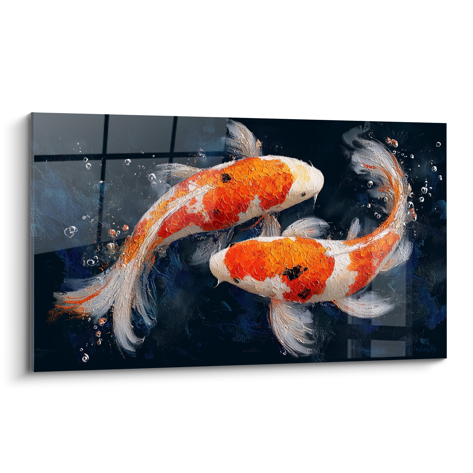 Carpes koïs orange et blanc nageant sur fond bleu marine texturé en peinture épaisse