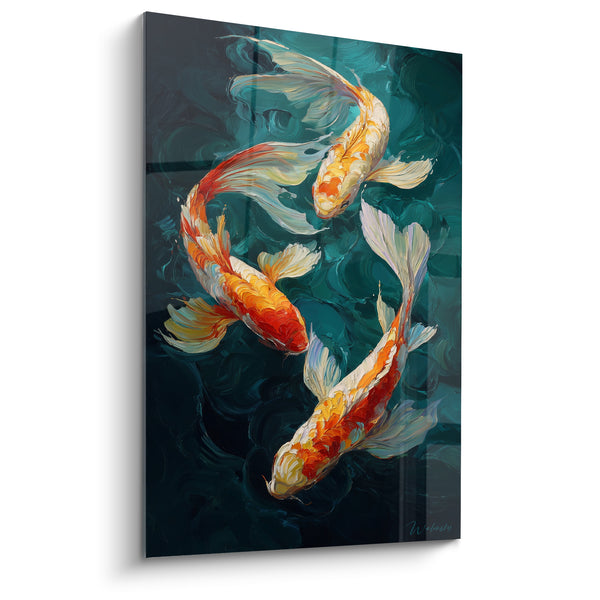 Tableau Carpes orange et blanches en trio serré fond turquoise - Empâtements profonds épais - Edition Koi
