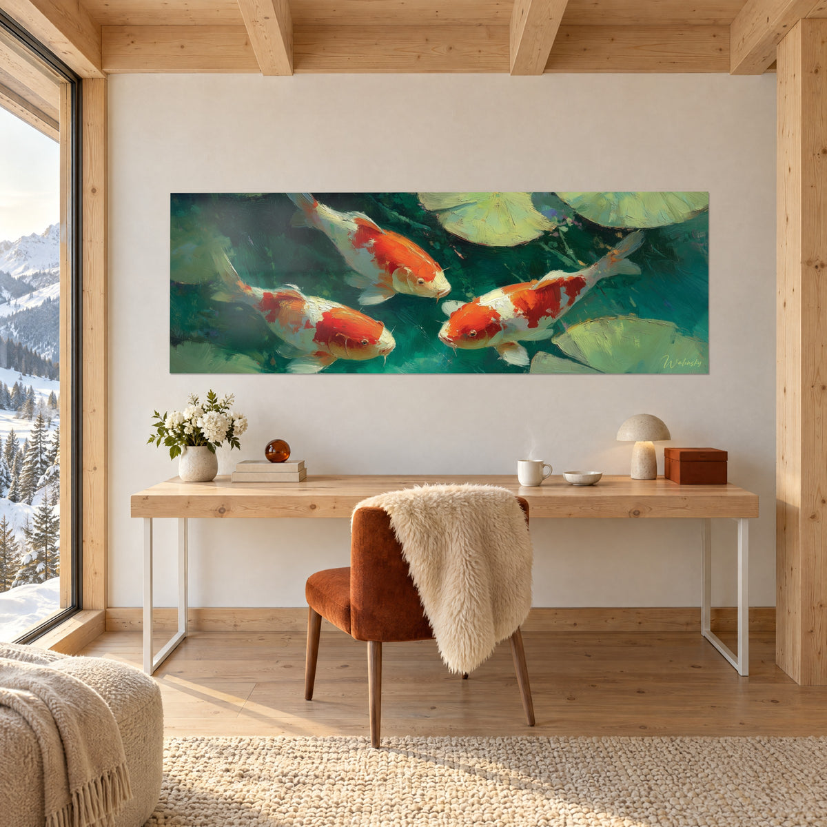 Quadro carpe giapponesi rosso-arancio e bianche su sfondo verde scuro, appeso sopra una scrivania in legno chiaro