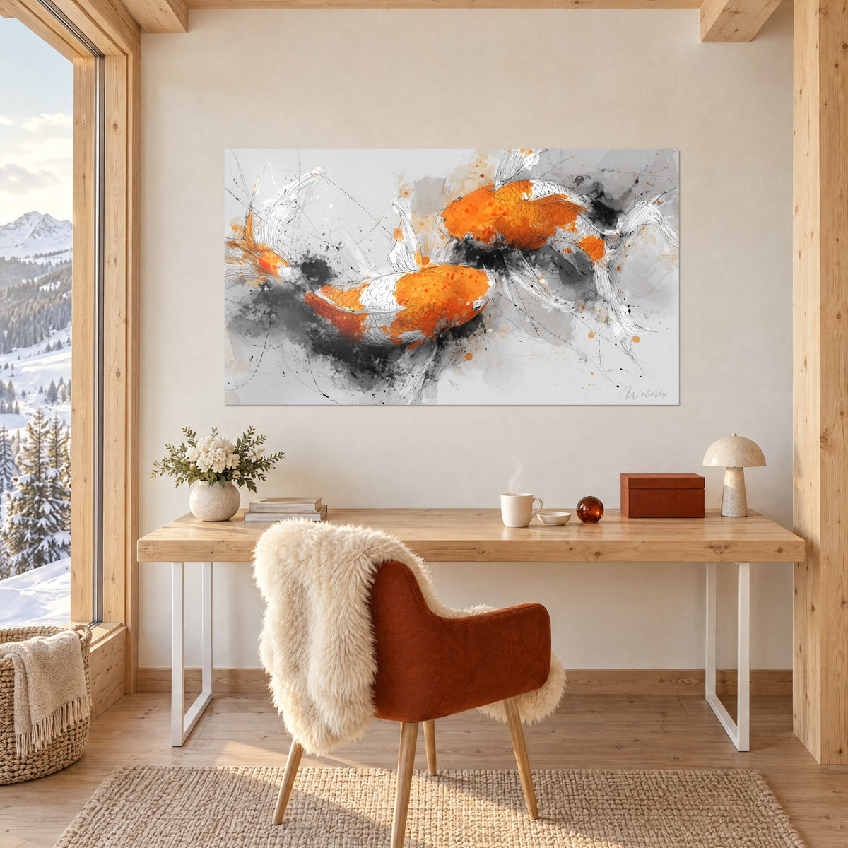 Schilderij dans van twee koi met saffraanoranje ruggen en witte flanken, zwarte inktspatten, aan de muur van een lichte kantoorruimte naast een oranje stoel