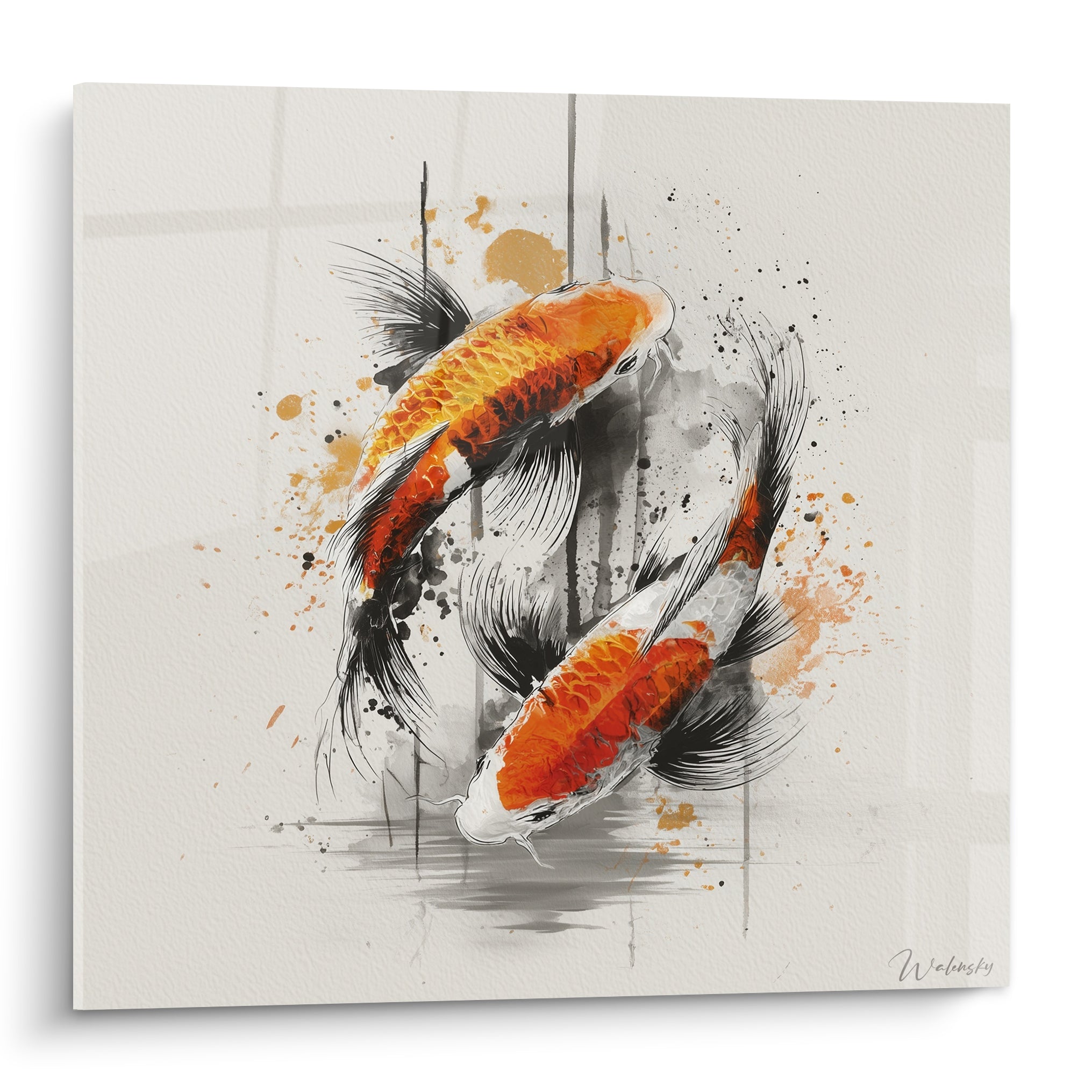 Carpes koï orange et noires en cercle sur fond gris éclaboussé d'encre et d'ocre