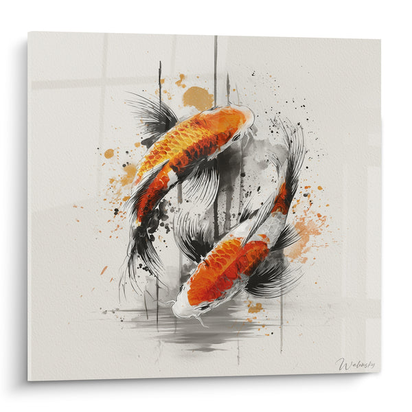 Tableau Carpes orange et blanches entrelacées en spirale - Coulées d'encre grise - Edition Koi