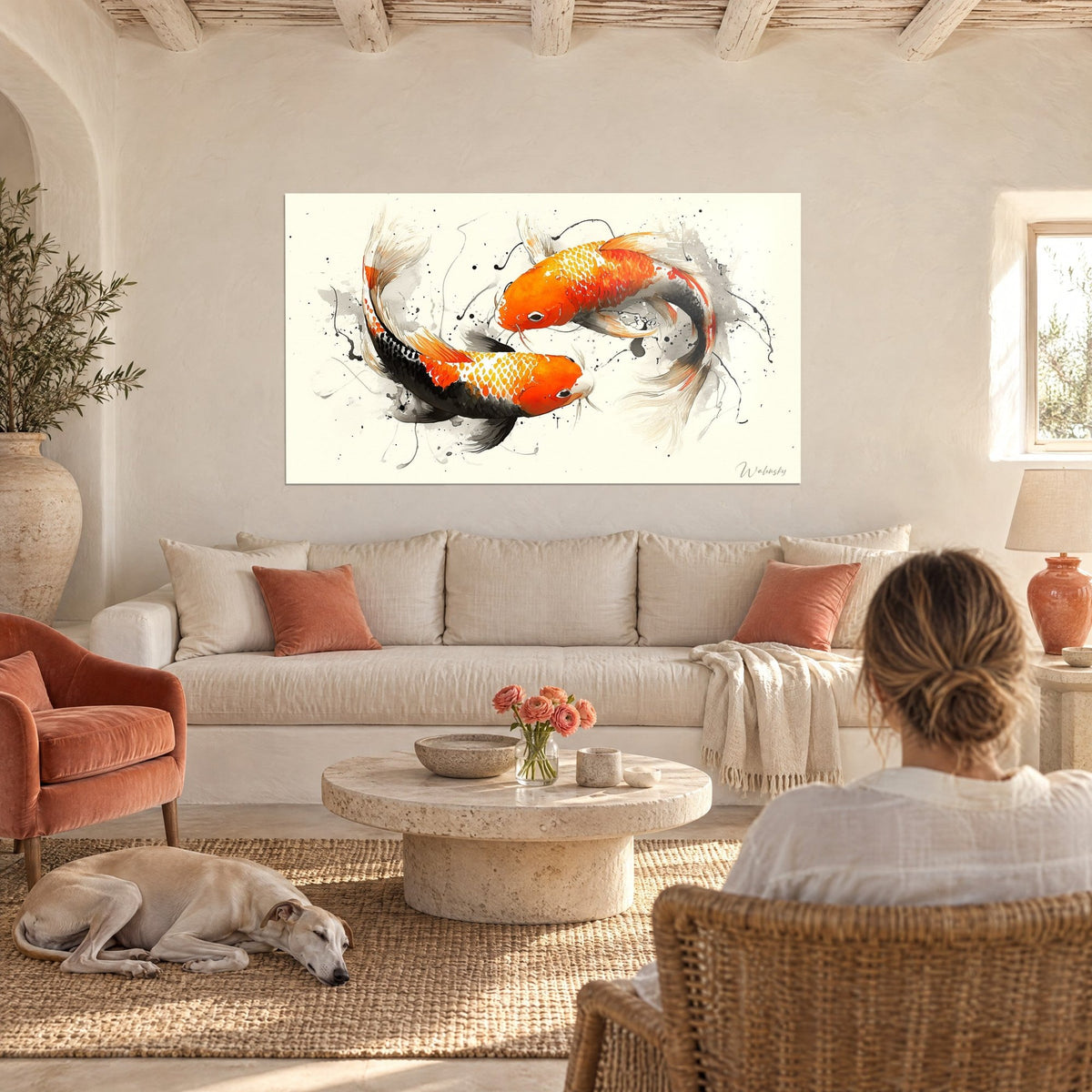 Wall art two orange and black koi carp in a circle on a cream background, above a sofa in a bright living room