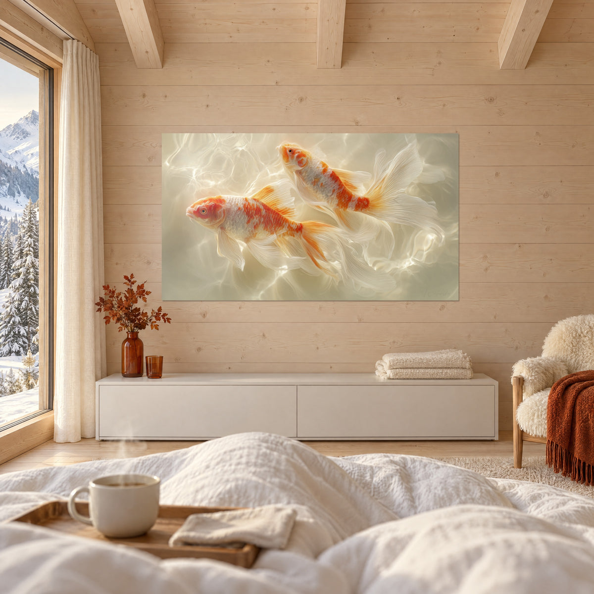 Cuadro peces koi con aletas de seda crema y manchas naranjas intensas, frente a una cama de sábanas blancas en un dormitorio claro