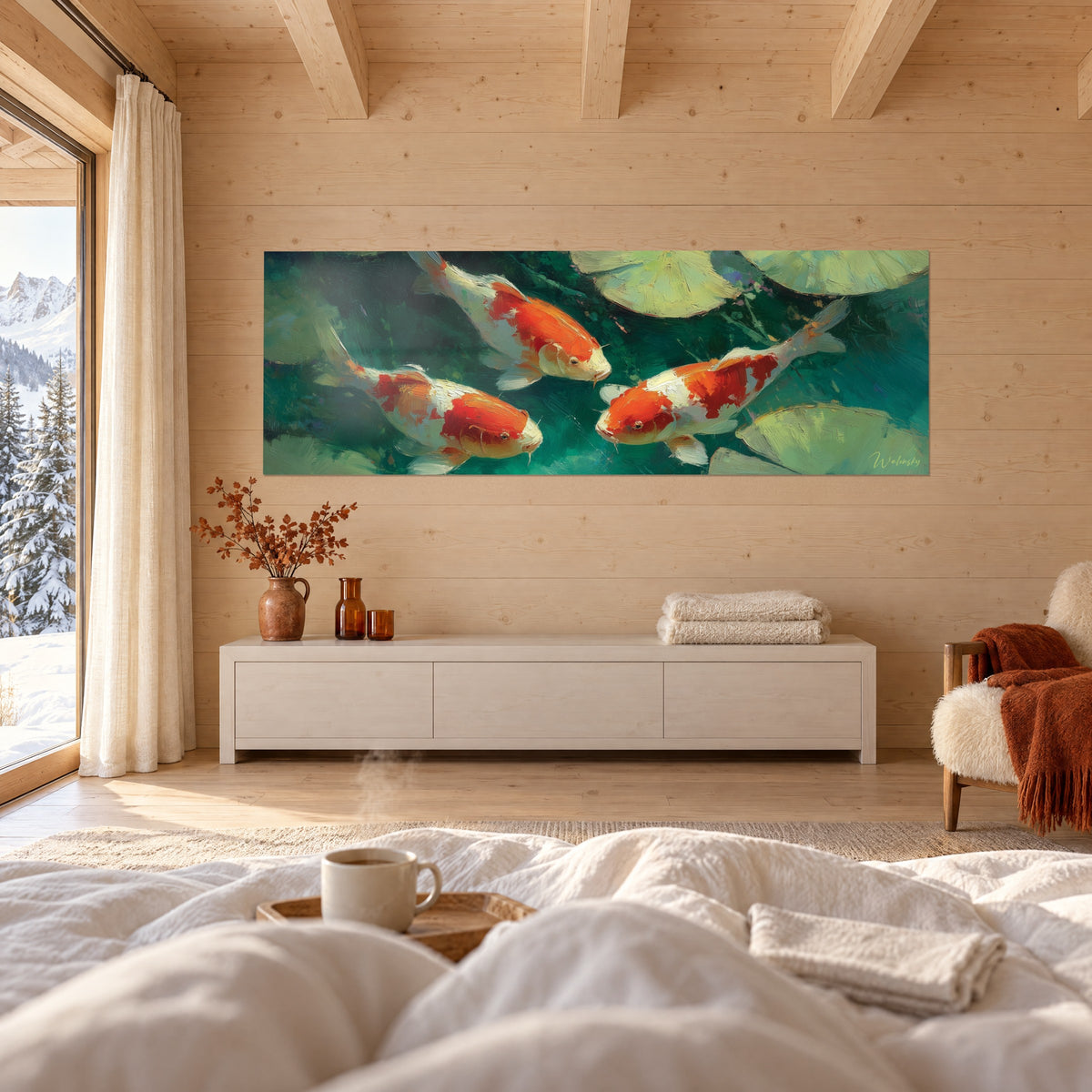 Quadro banco di koi arancioni e crema su acqua verde giada, sopra un letto in una camera luminosa