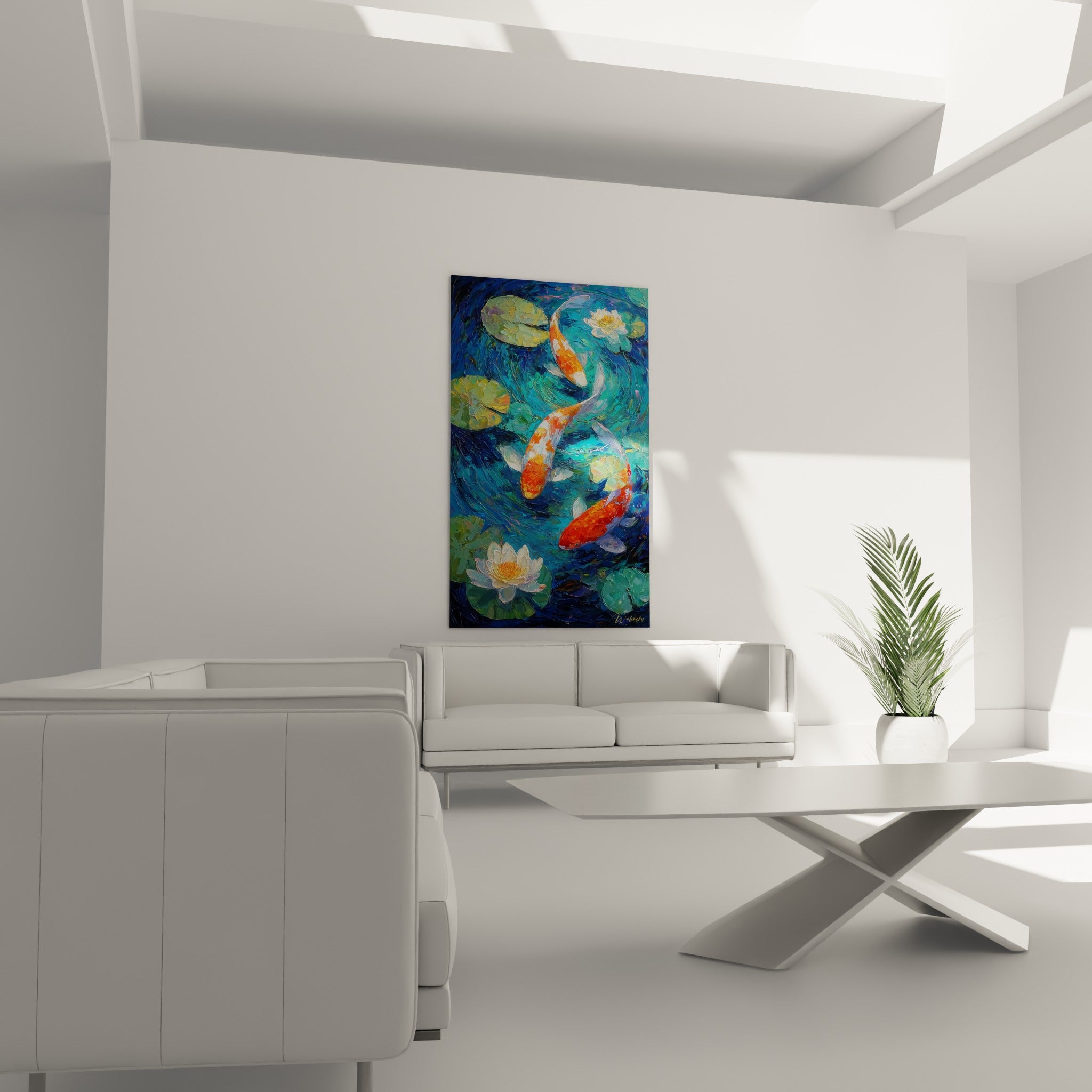 Poissons Koi orange vif nageant dans l'eau bleu marine, au-dessus d'un canapé dans un salon lumineux