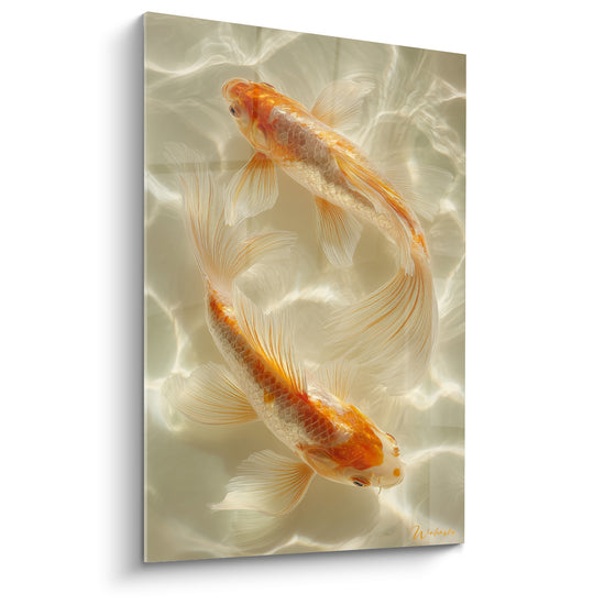 Tableau Carpes orange et blanches formant un cercle parfait - Reflets dorés sur l'eau - Edition Koi