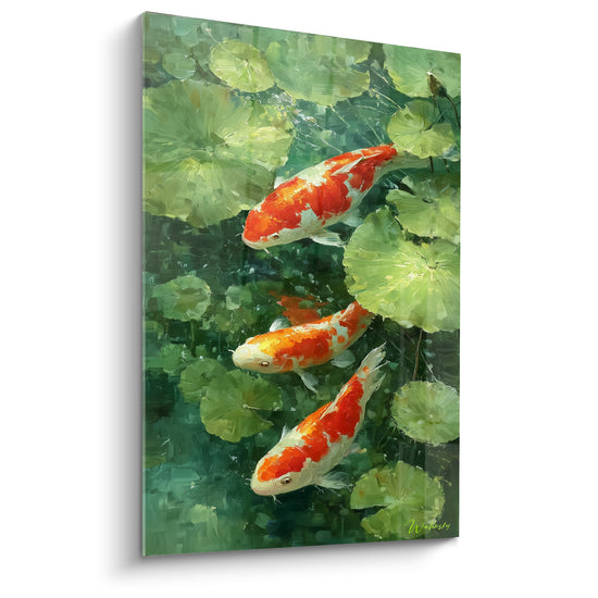 Tableau Carpes orange et blanches parmi feuilles vertes - Trio aligné vertical - Edition Koi