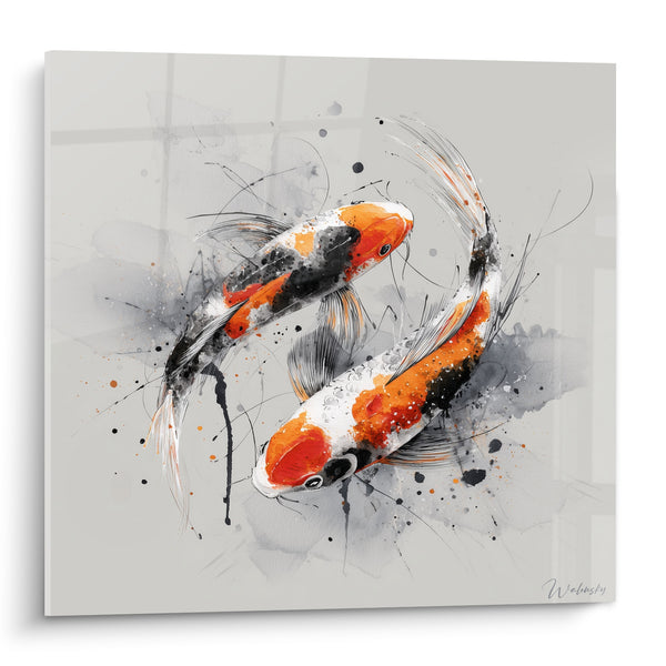 Tableau Carpes orange et noires en spirale ascendante - Éclaboussures et coulées grises - Edition Koi