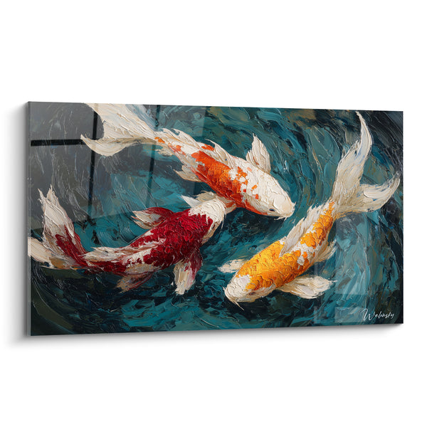 Tableau Carpes rouge et dorée en trio serré - Empâtements en tourbillon - Edition Koi