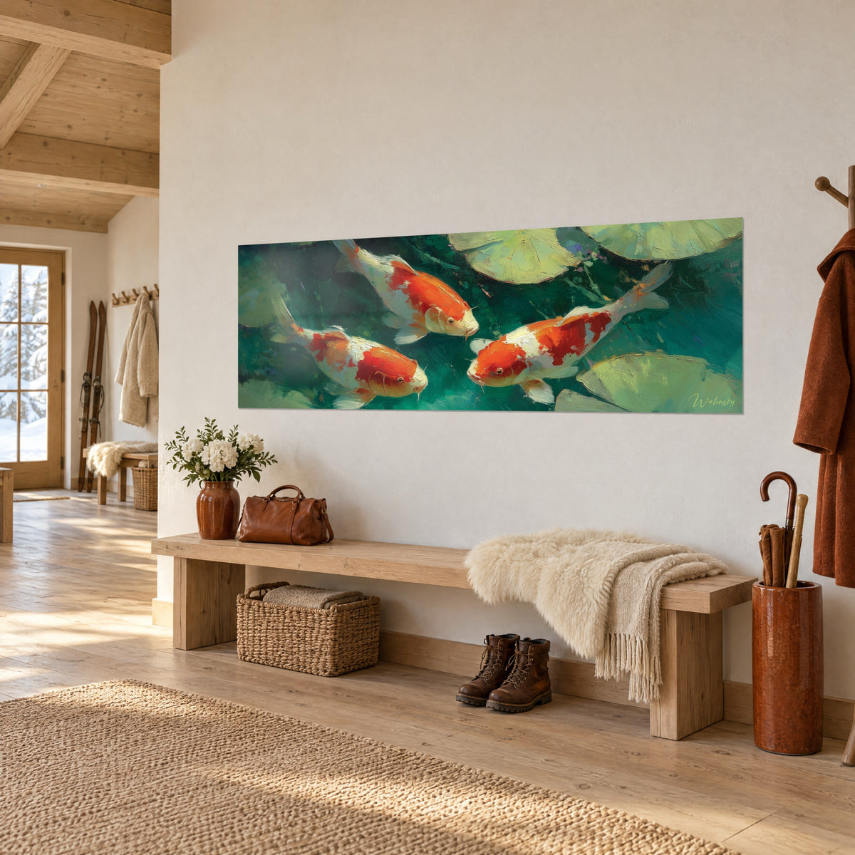 Quadro pesci rosso vermiglio e avorio che nuotano tra foglie verde tenue, sulla parete di un ingresso in legno chiaro