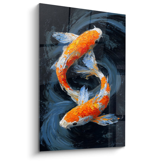 Tableau Carpes orange et blanches fond noir profond - Remous en spirale - Edition Koi