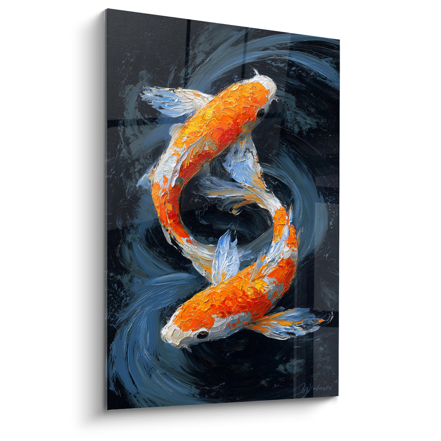 Tableau Carpes orange et blanches fond noir profond - Remous en spirale - Edition Koi