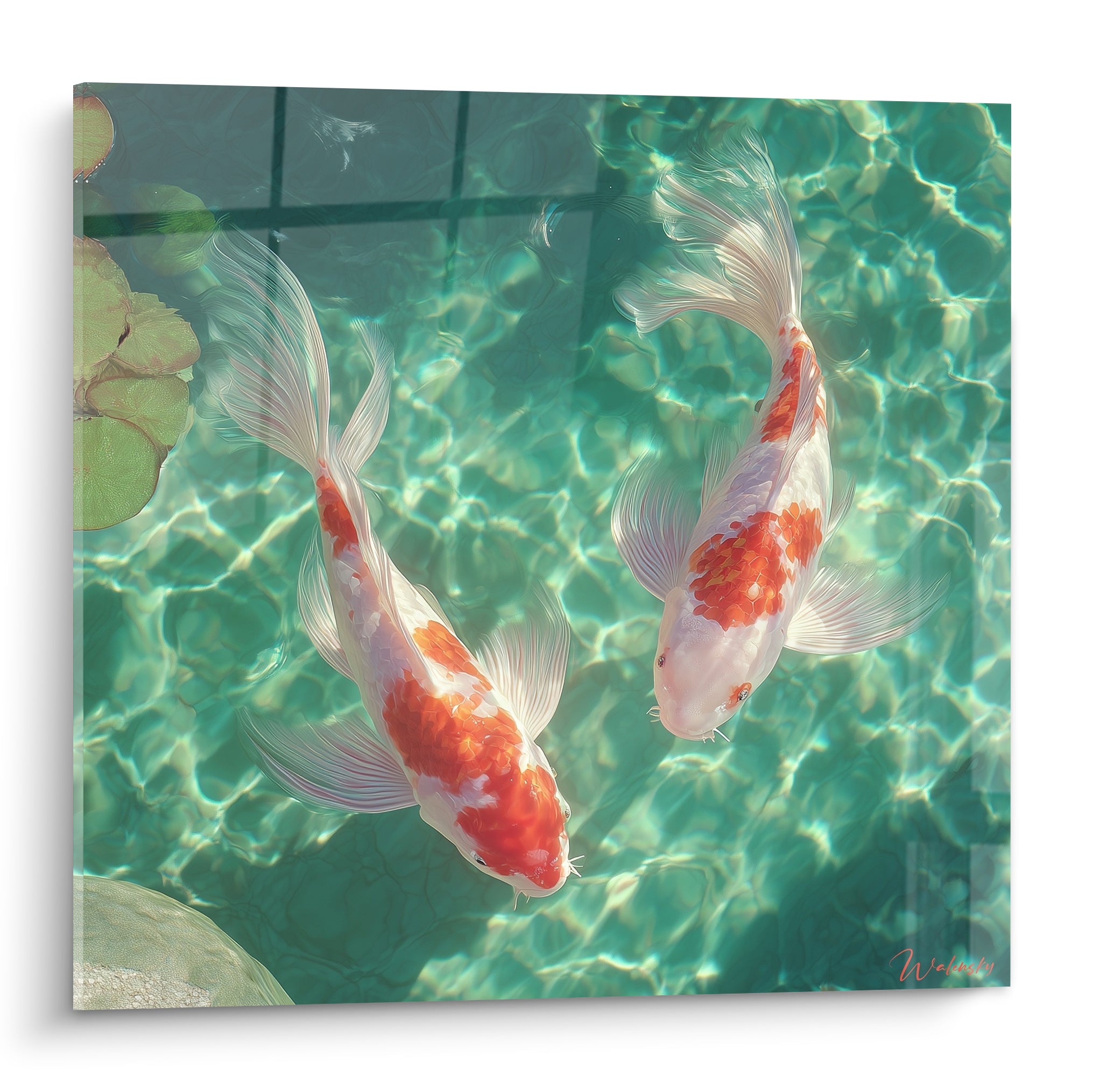 Koï orange et blanc nageant dans une eau turquoise scintillante, vue plongeante sur le bassin