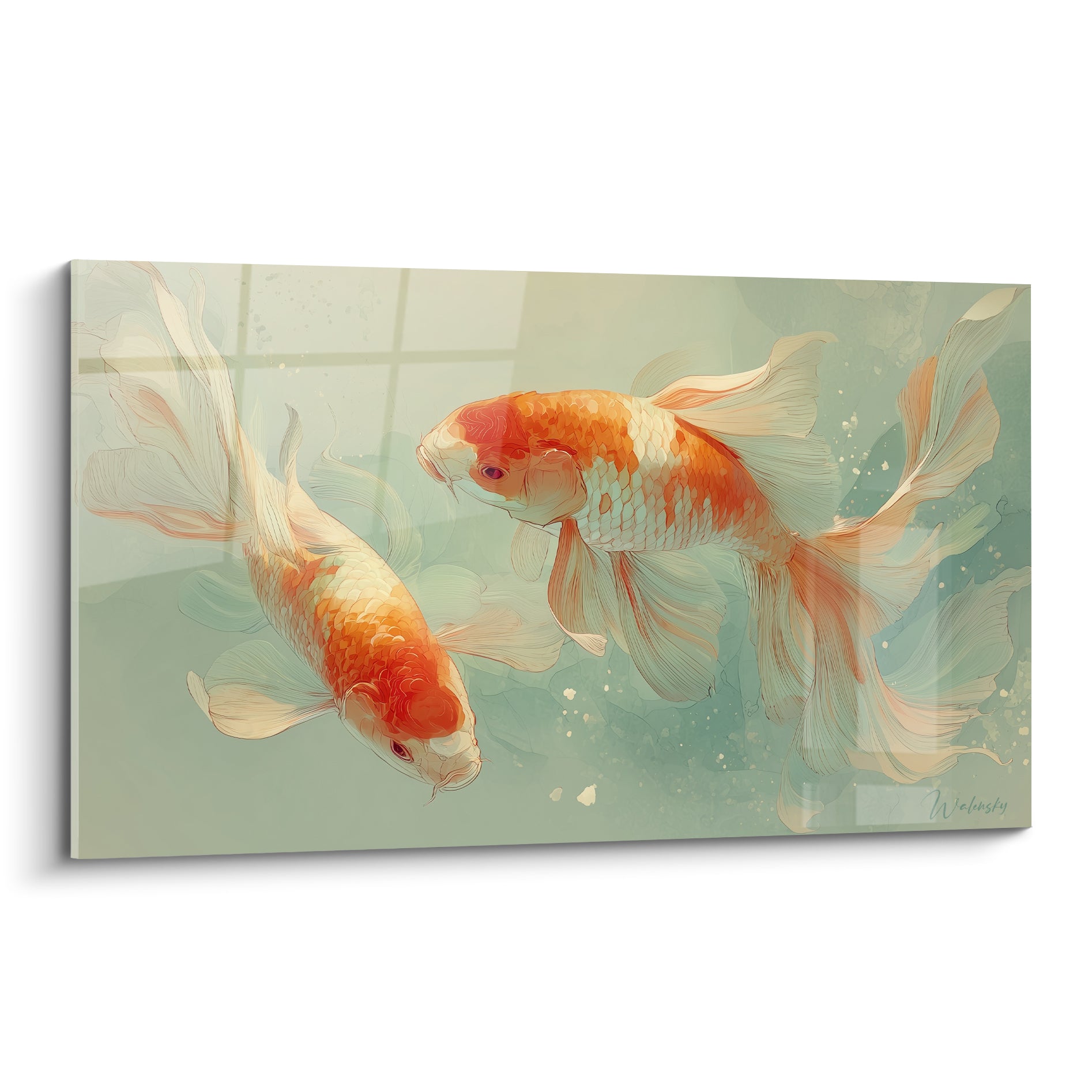 Koï orange et blanches glissant dans une eau vert d'eau, style aquarelle raffinée