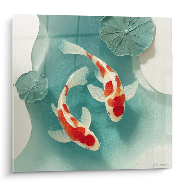 Tableau Carpes rouge et blanc en spirale turquoise - Feuilles de lotus veinées - Edition Koi
