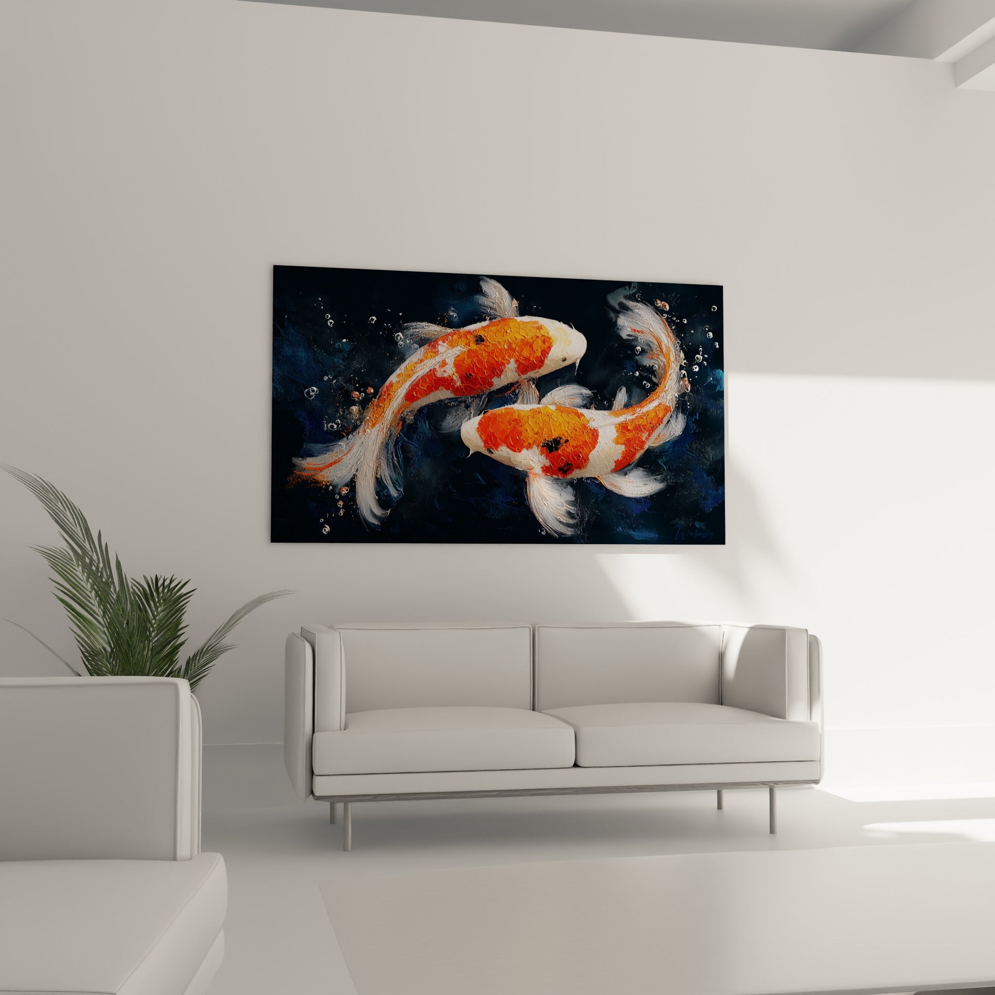 Carpes koïs rouge et orange en mouvement fluide, au-dessus d'un canapé dans un salon lumineux