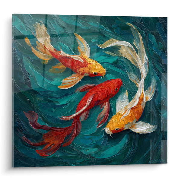 Tableau Carpes rouge et dorée aux longues nageoires - Tourbillon d'eau profonde - Edition Koi