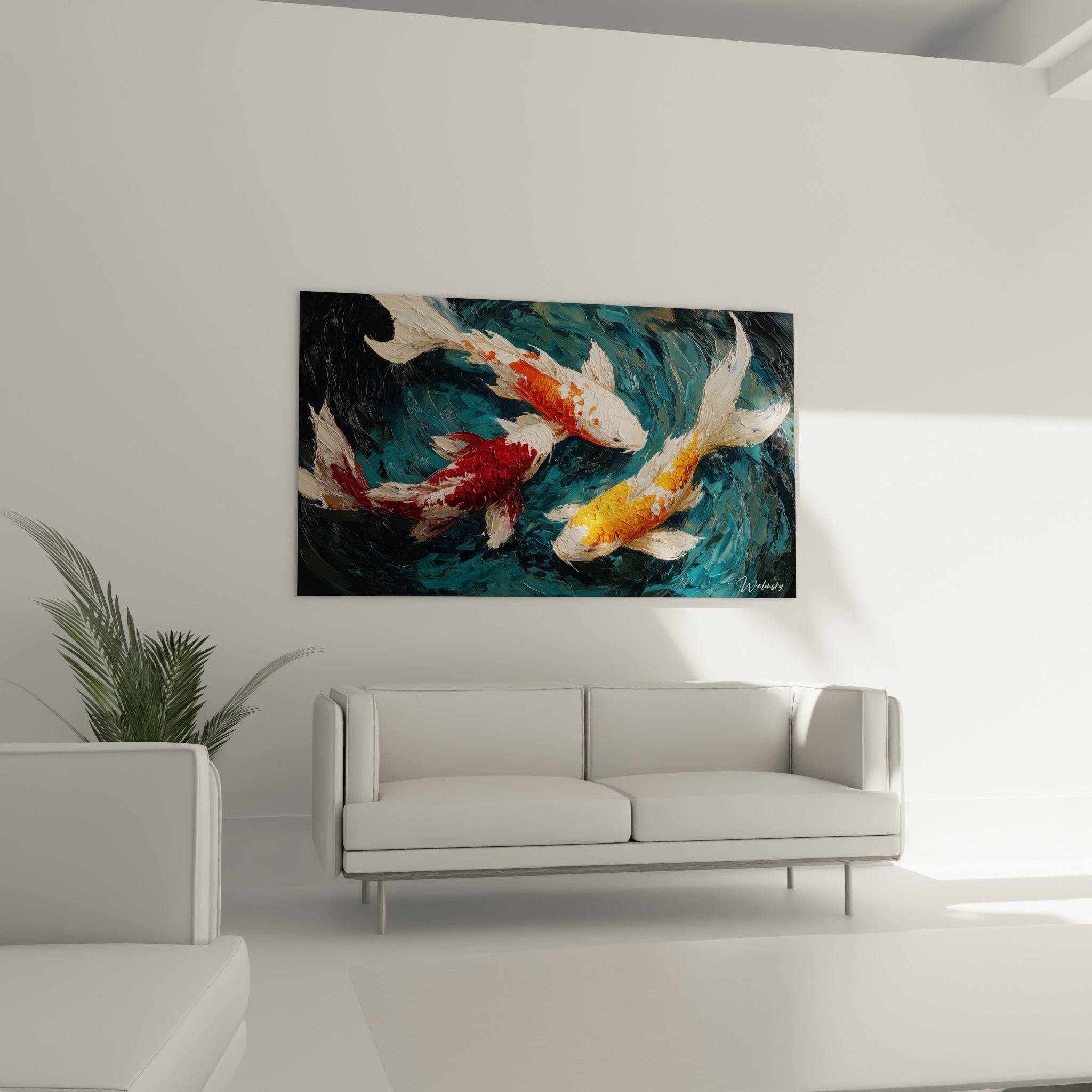 Poissons koï dorés et rouges glissant dans l'eau bleutée, au-dessus d'un canapé dans un salon lumineux