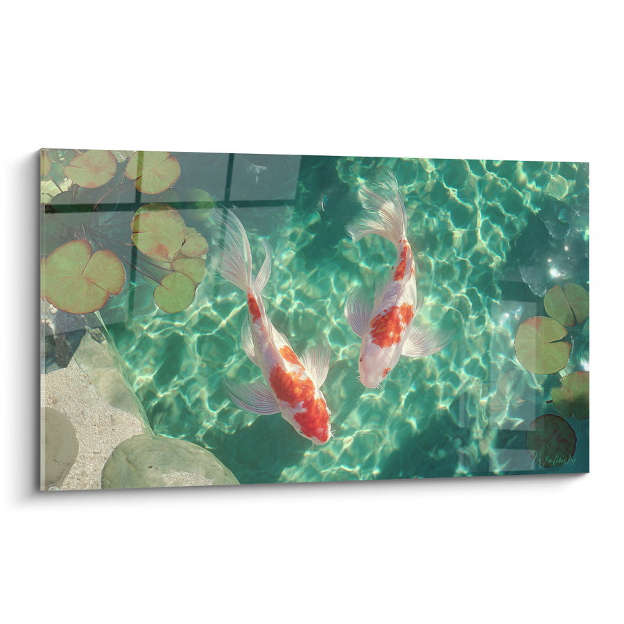 Tableau Carpes orange et blanches sous reflets scintillants - Galets et feuilles rondes - Edition Koi