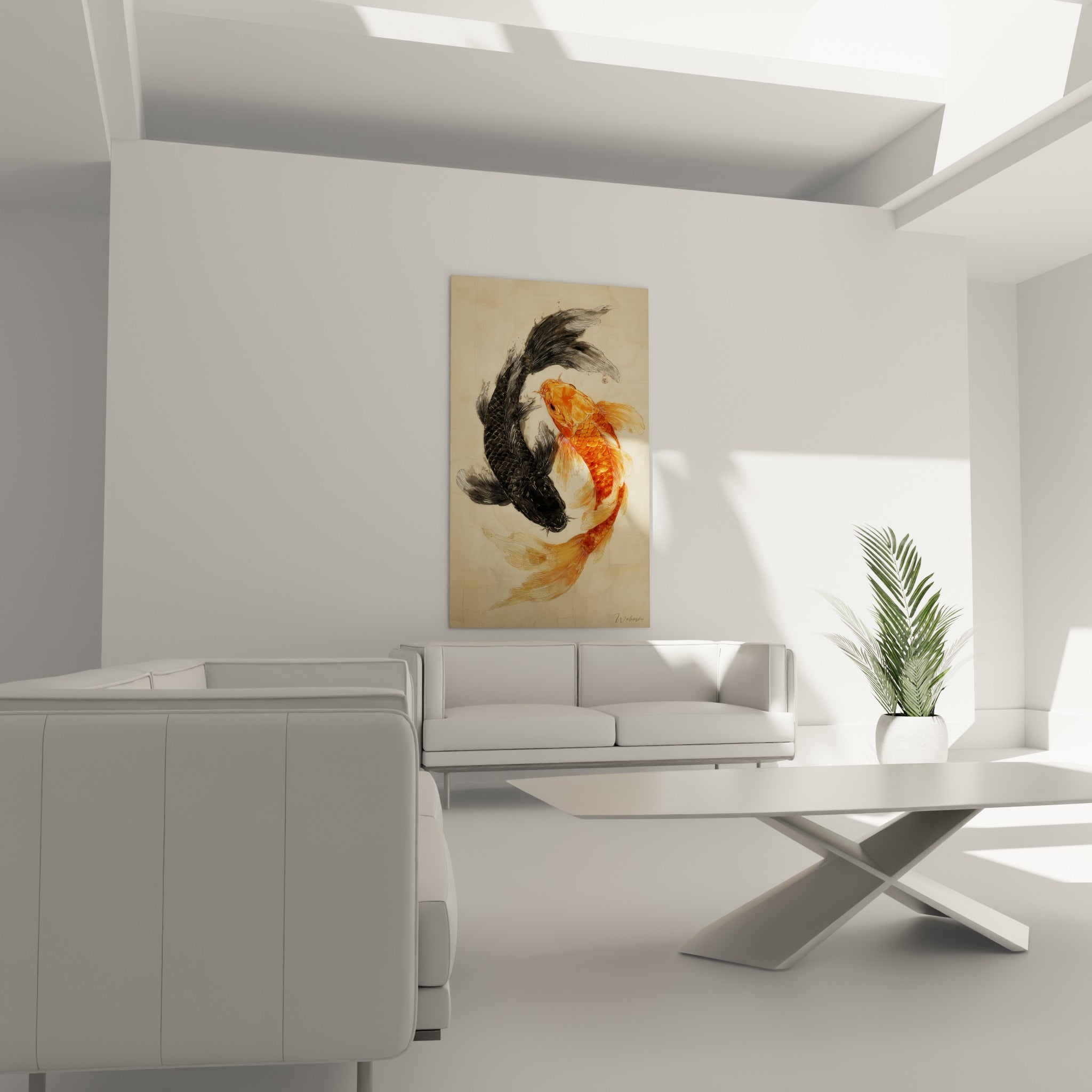 Composition circulaire de carpes koï orangée et noire, suspendue au-dessus d'un canapé dans un salon lumineux