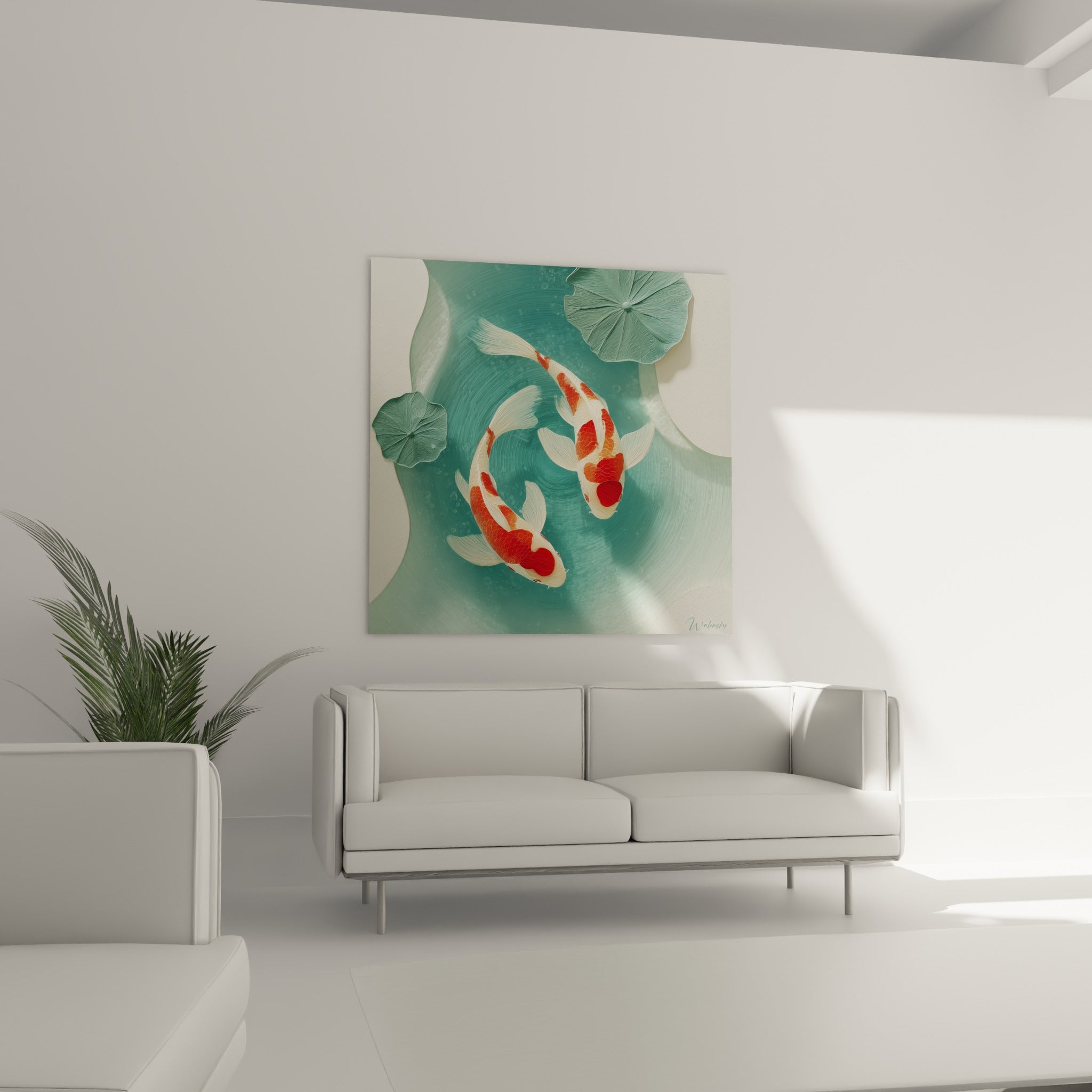 Carpes orangées et blanches évoluant sur fond bleu-vert, suspendues au-dessus d'un canapé dans un salon lumineux