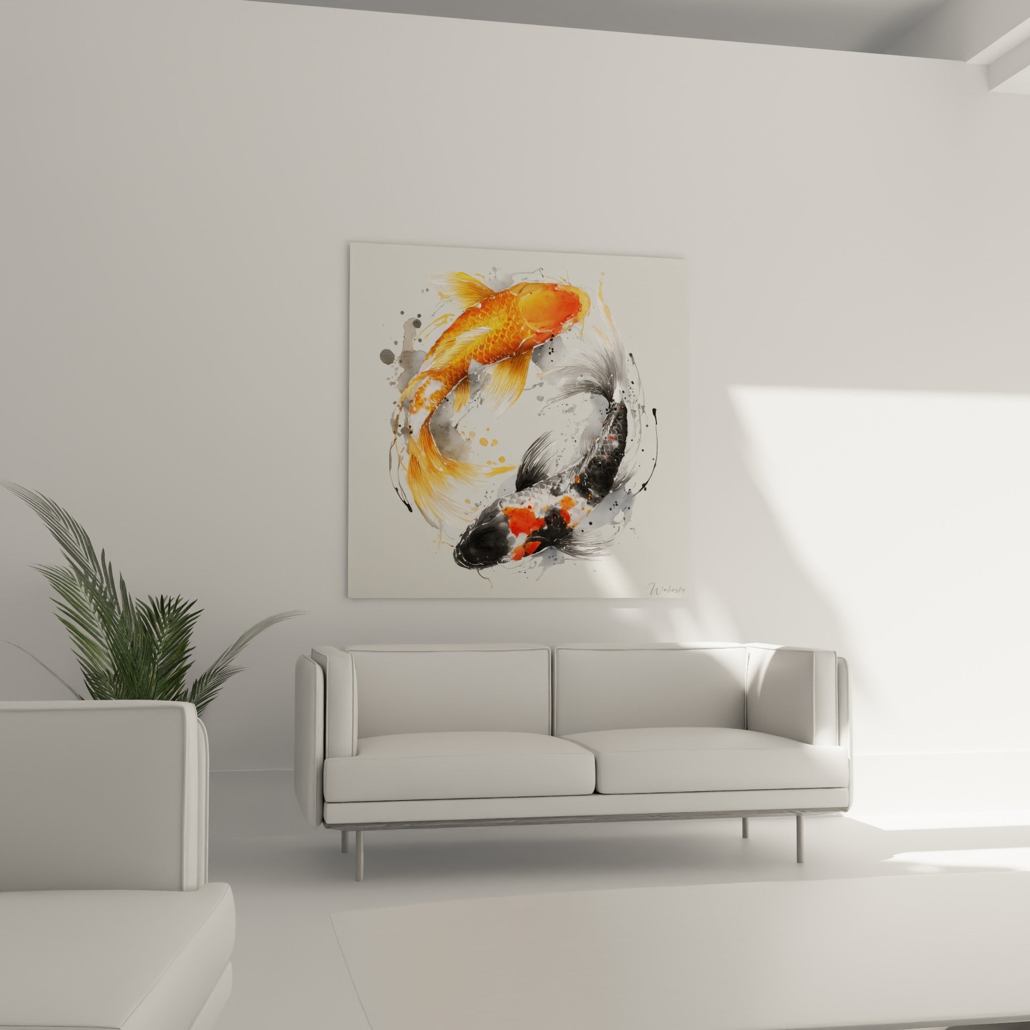 Poissons koi orange vif et noir tournoyant en cercle, suspendus au-dessus d'un canapé dans un salon lumineux