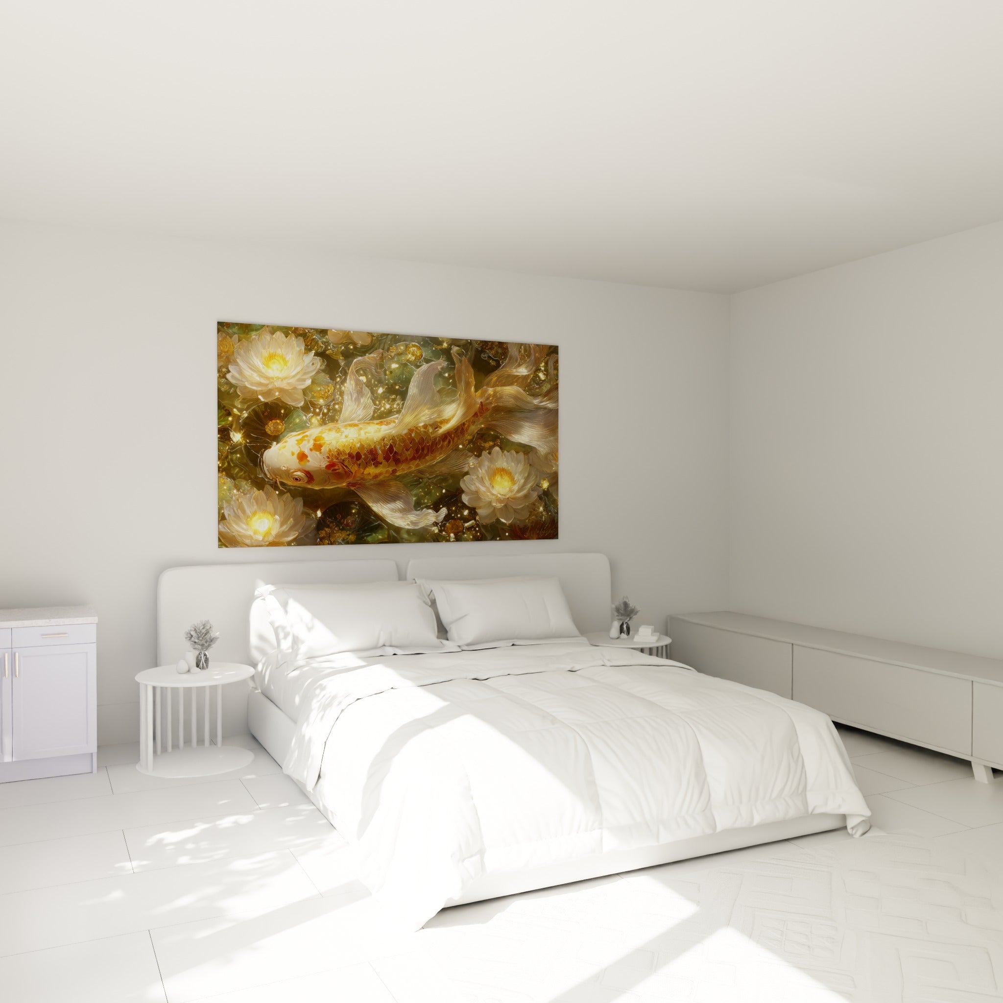 Poisson Koi doré et blanc entouré de nénuphars, au-dessus d'un lit dans une chambre claire