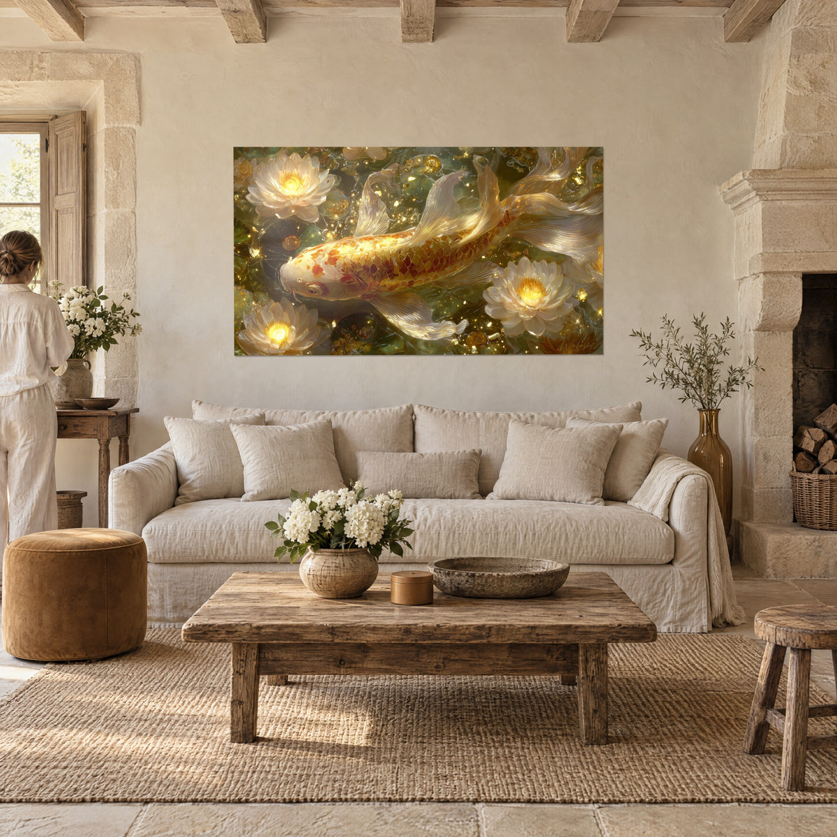 Quadro carpa koi avorio e arancio che nuota tra ninfee bianche dal cuore dorato, sopra un divano in un soggiorno luminoso
