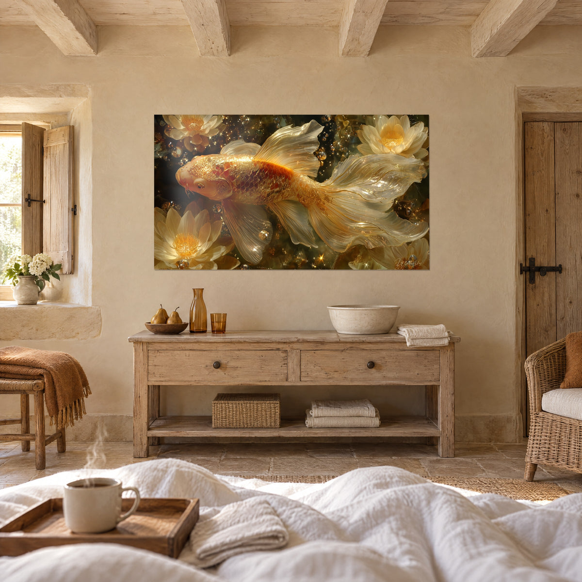 Quadro di un pesce d'oro che galleggia tra ninfee avorio, riflessi ambra e nero profondo, sopra un letto in una camera luminosa