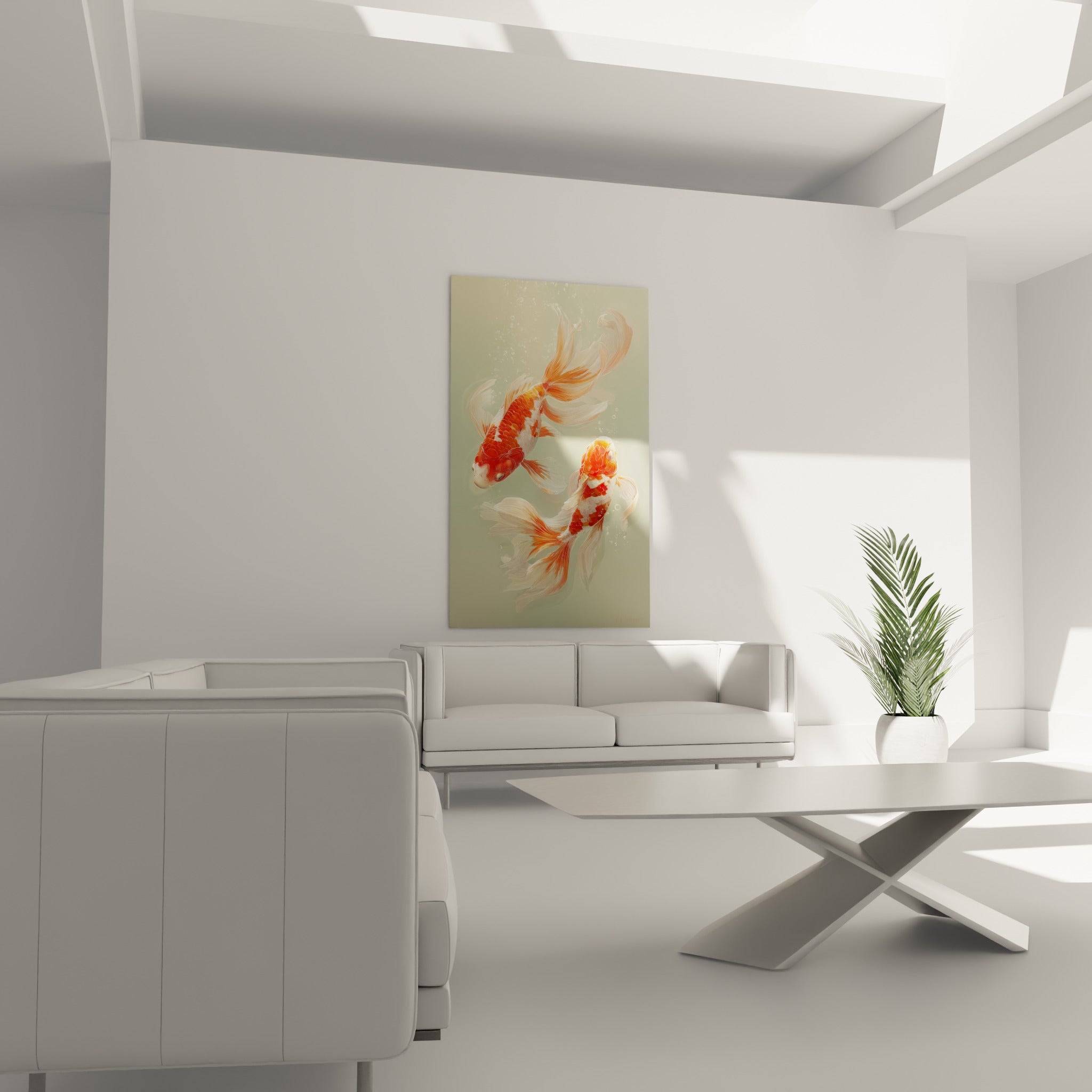 Silhouettes Koi corail et blanches accrochées au-dessus d'un canapé dans un salon lumineux