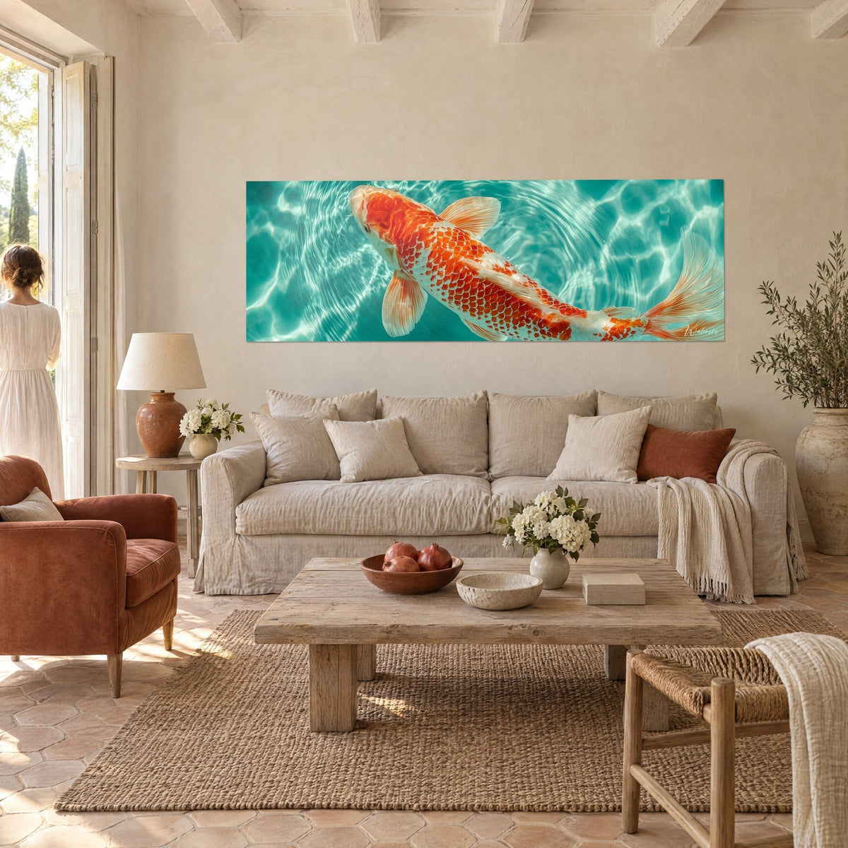 Wall art orange and white koi carp swimming in turquoise water with rippling reflections, Provençal farmhouse above a sofa in a bright living room