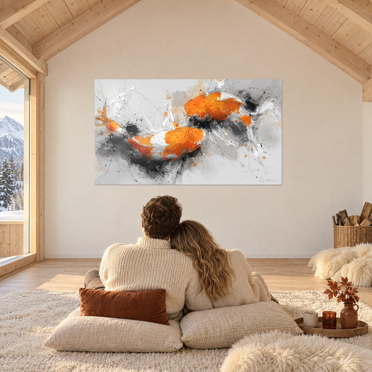 Schilderij oranje en ivoorkleurige koi-vissen op een lichtgrijze achtergrond, fijne inktlijnen, een koppel van achteren zittend op crèmekleurige kussens, groot besneeuwd raam