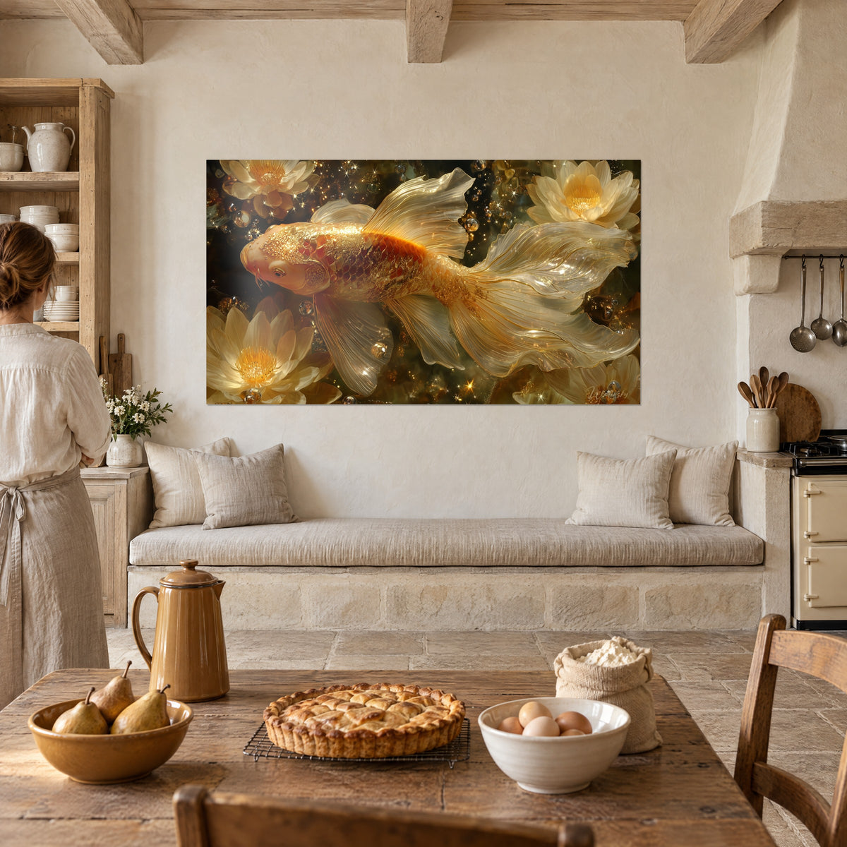 Quadro di un pesce velifero con squame ambrate, loti pallidi e bolle dorate, sulla parete di una cucina in pietra dove si prepara una crostata