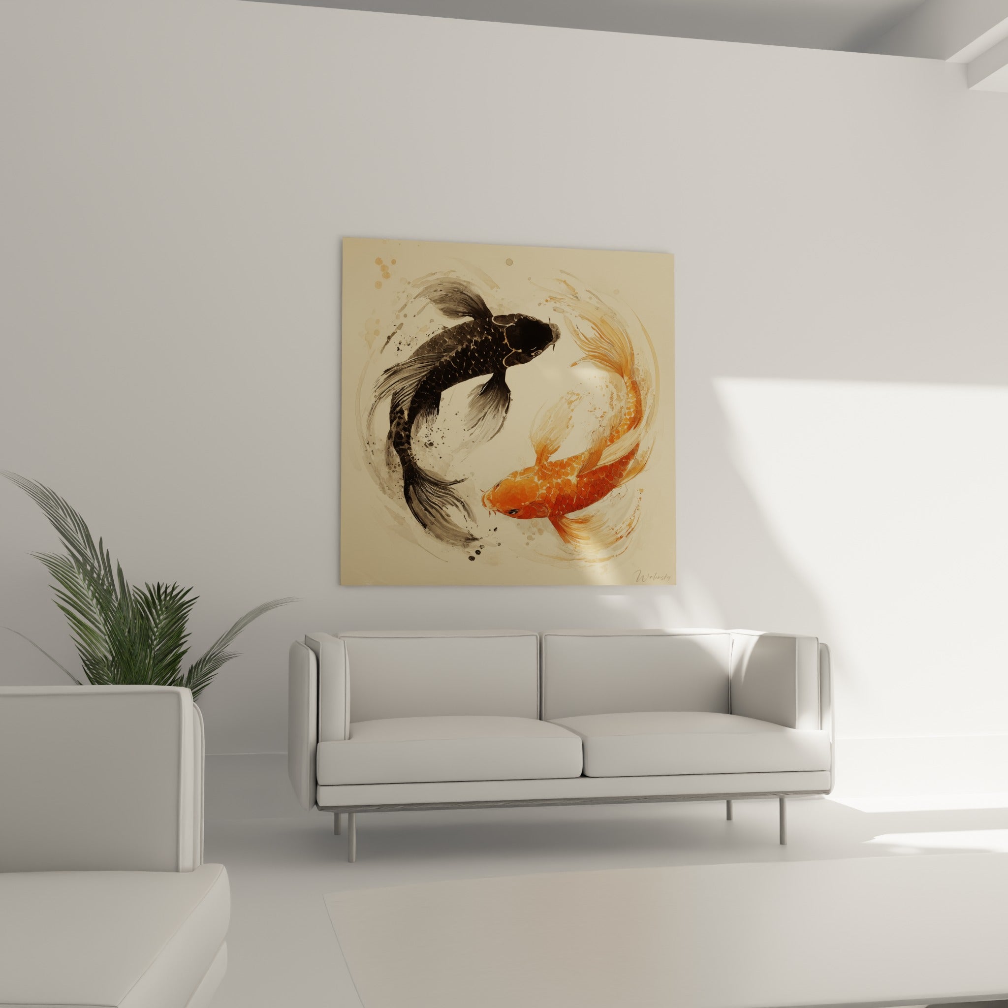 Poissons koï en ronde circulaire noir et orange au-dessus d'un canapé dans un salon lumineux