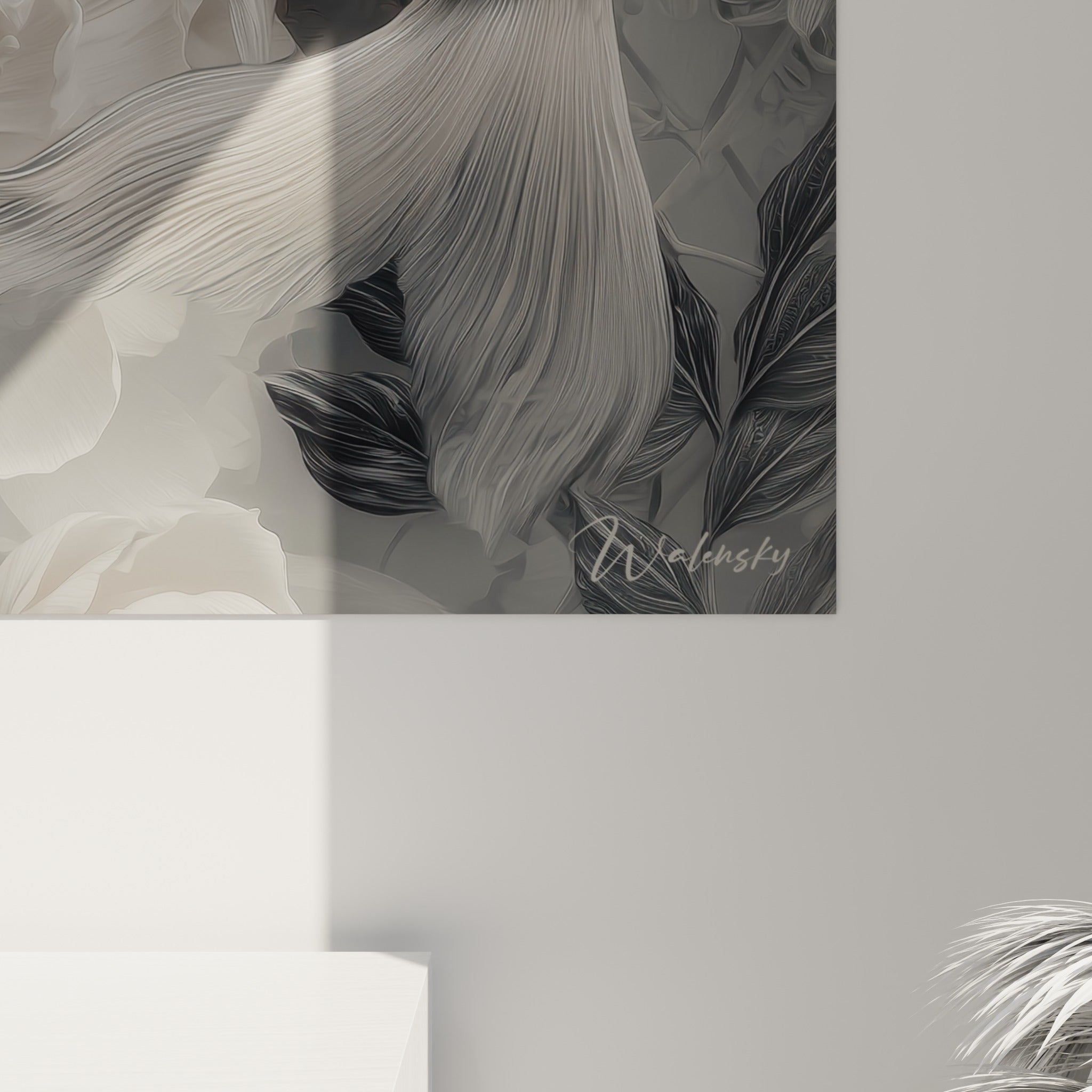 Détail des écailles argentées et des pétales veloutés du koï, texture nacrée et reflets anthracite