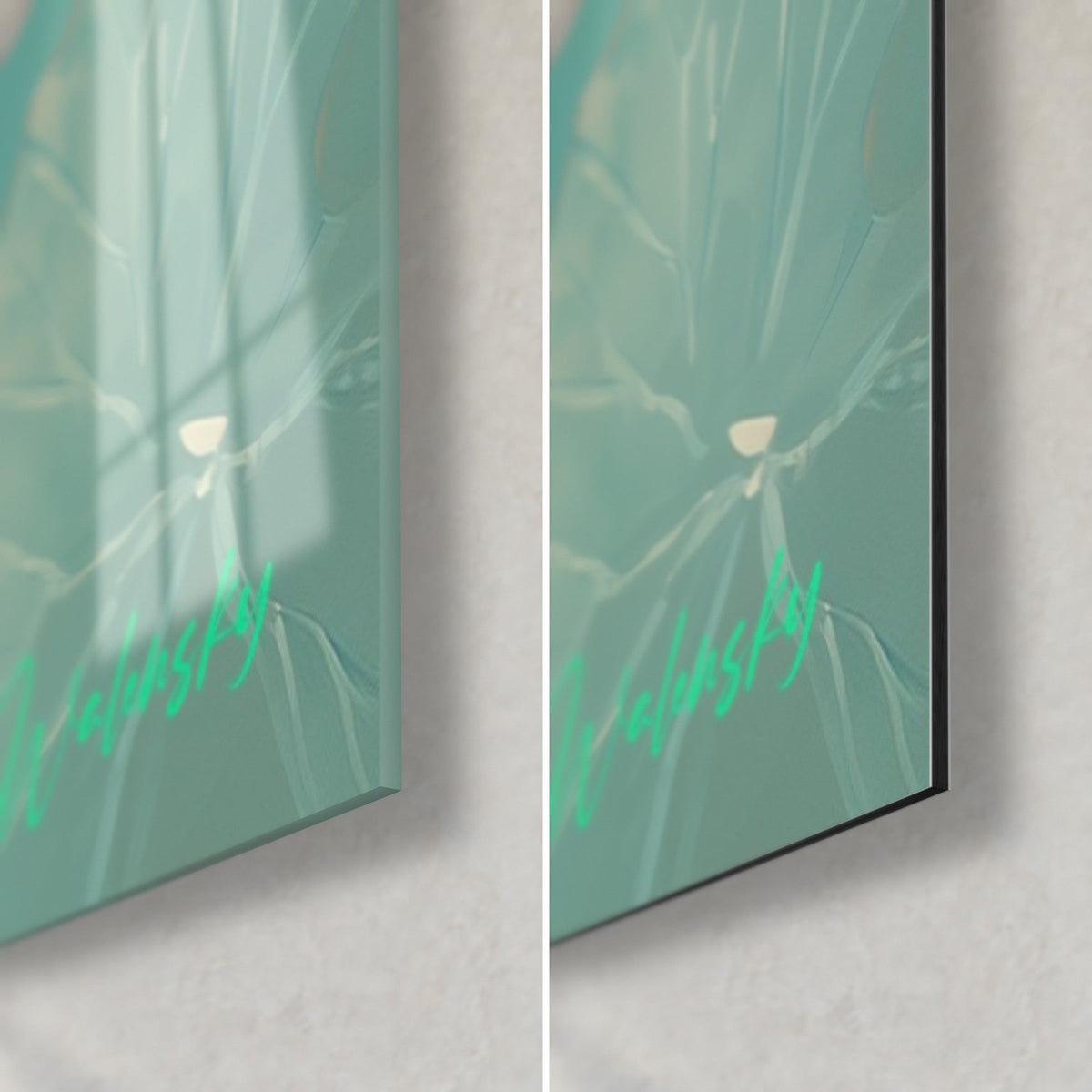 Wall art scarlet and white koi, bottom right corner: glossy acrylic glass with turquoise reflections, matte black Dibond, 3 mm edge
