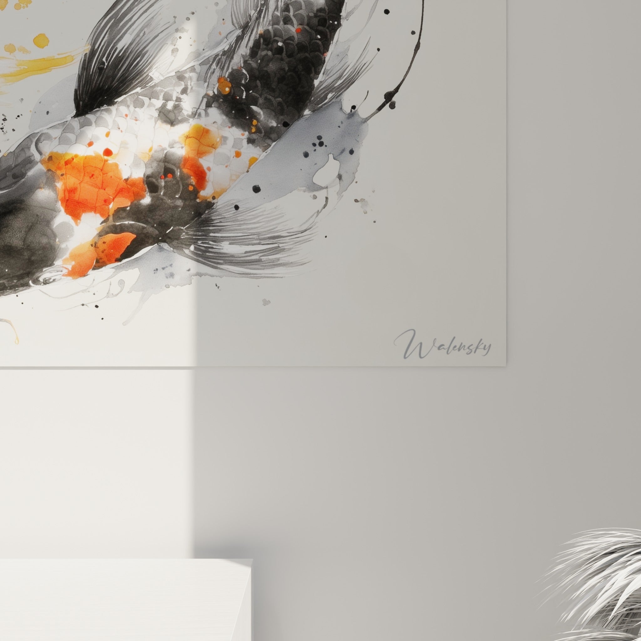Écailles orange et noires du tableau koi révélant coulures grises et grain fin de l'aquarelle