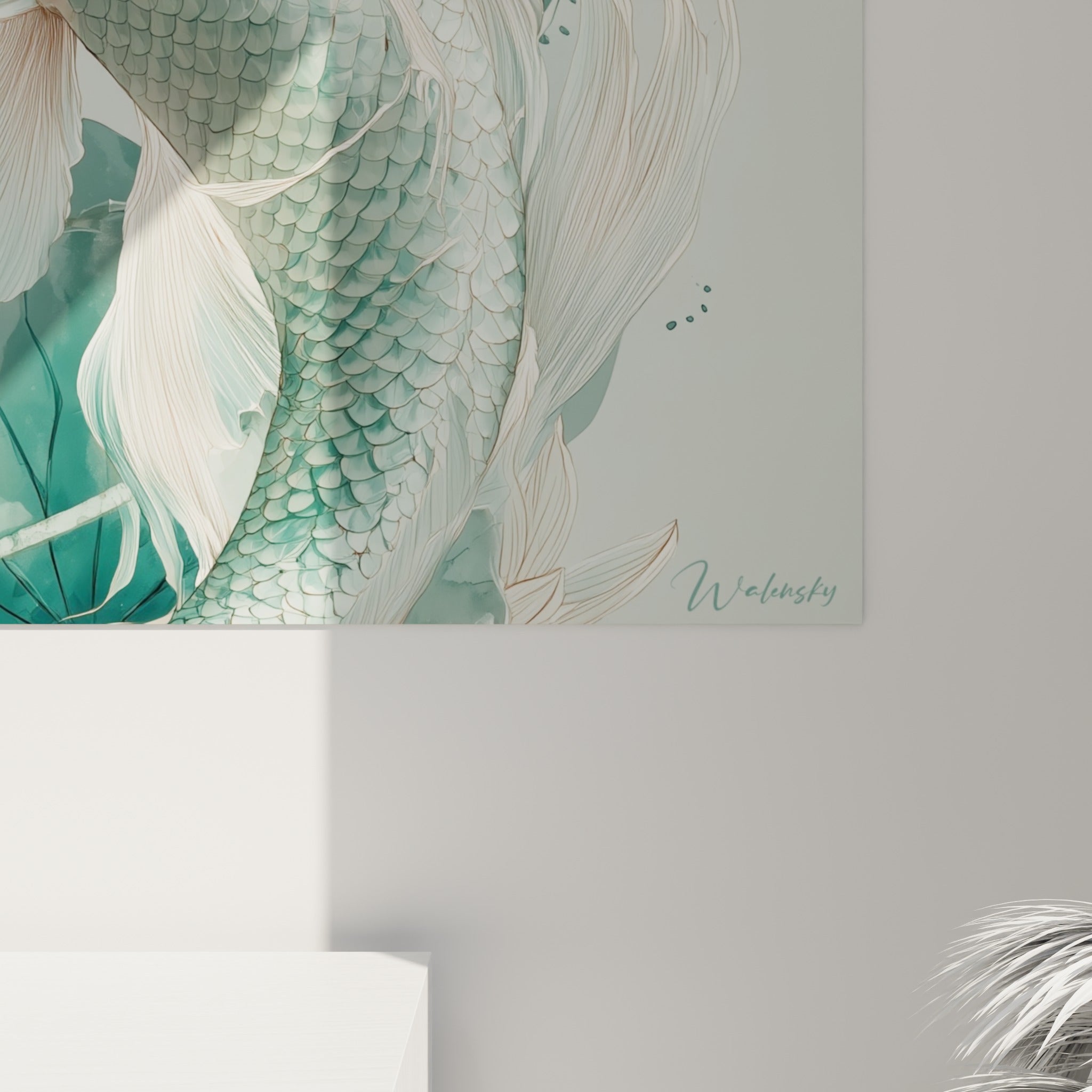 Détail des écailles vert d'eau et du trait fin doré sur le pétale de lotus de ce tableau koï