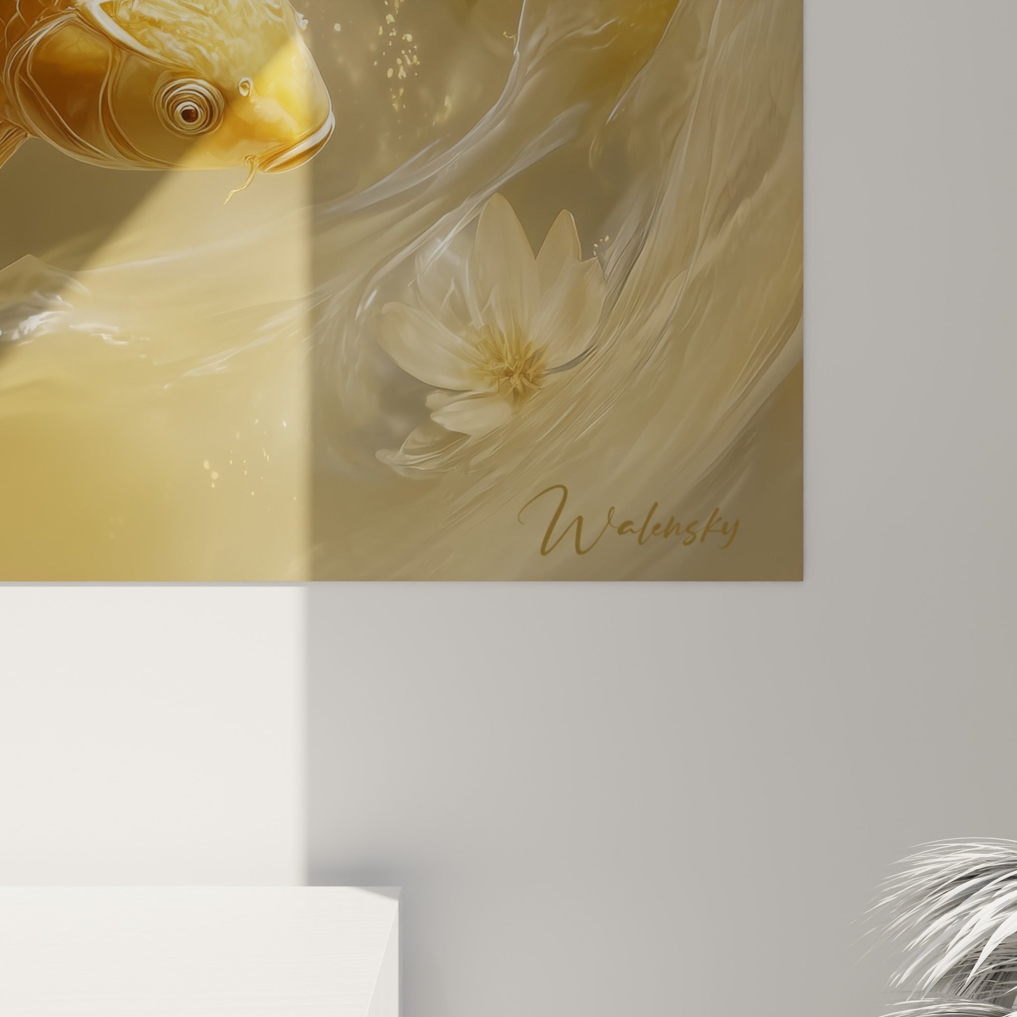Détail des écailles dorées et des voiles translucides de la carpe koï, texture peinte finement