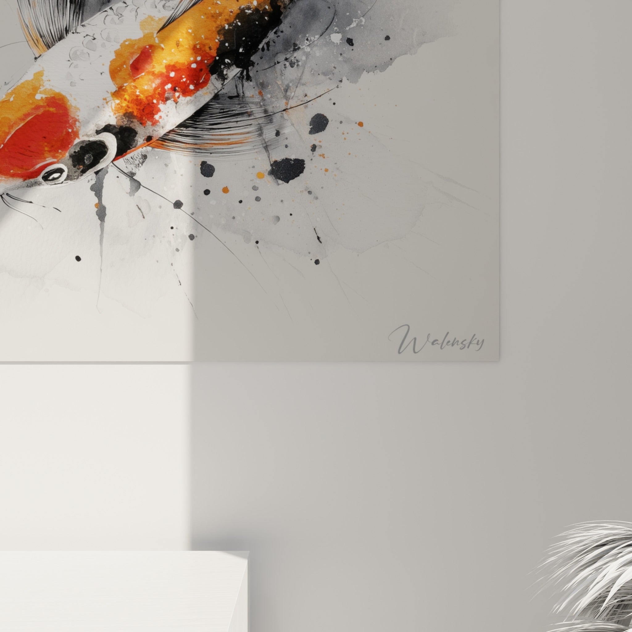 Détail des écailles orange et des coulures noires du tableau koi, grain de l'impression visible