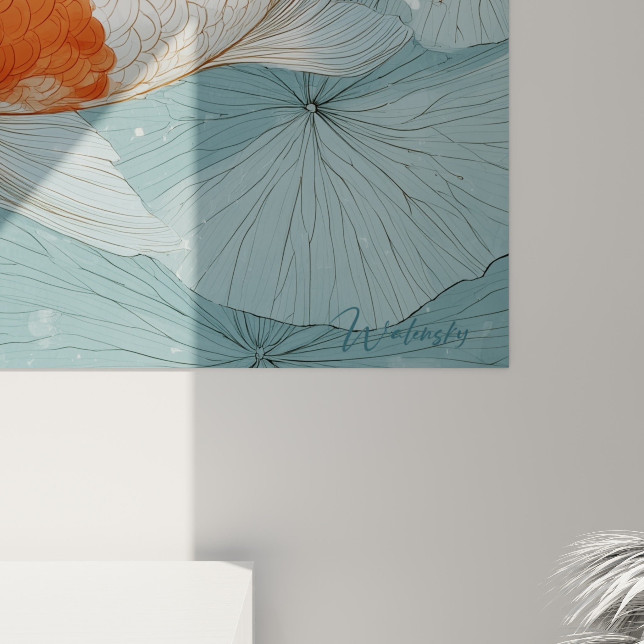 Détail des écailles orange et blanches du Koi, traits à l'encre fine et aquarelle bleutée