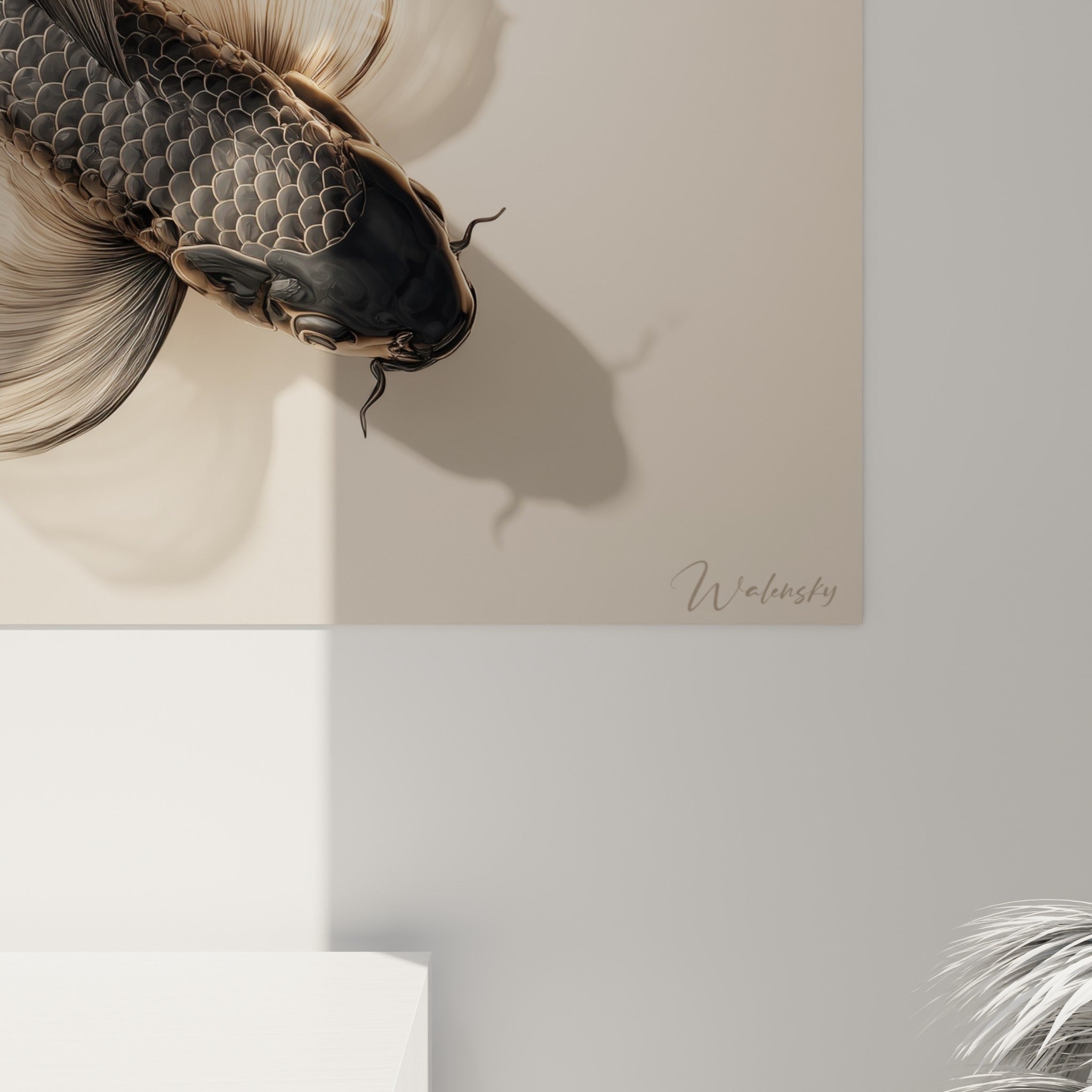 Détail des écailles anthracite et des nervures dorées translucides sur la toile du koï